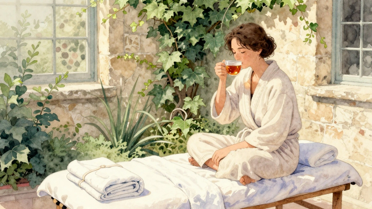 Personne apaisée après un massage, absorbant la lumière du matin dans un jardin secret parisien.