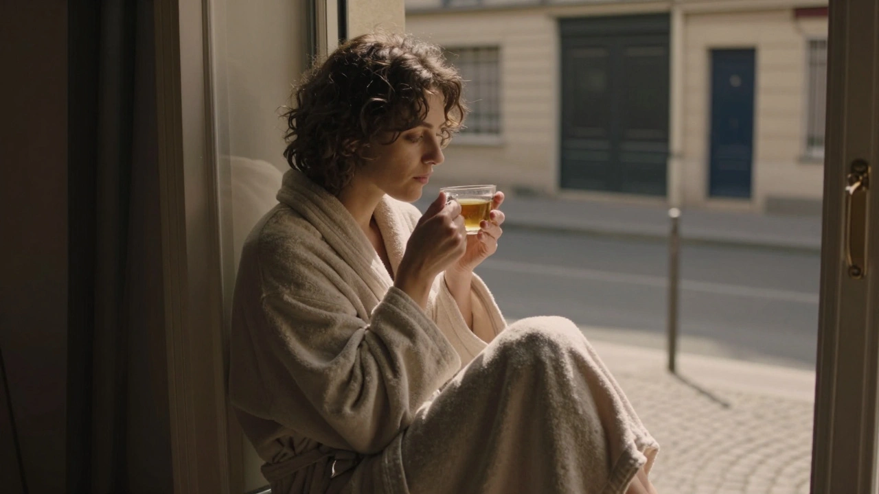 Personne détendue après un massage, sirotant une tisane près d'une fenêtre, regardant la rue paisible.