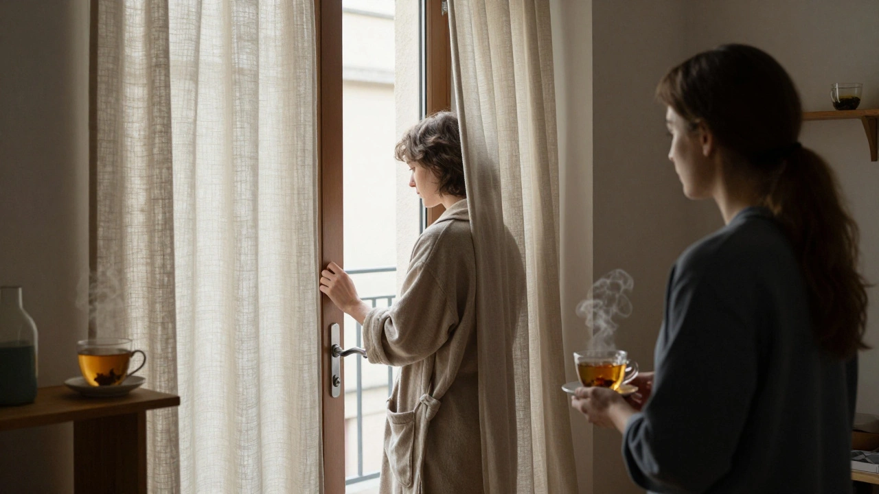 Personne hésitant à la porte d'un centre de massage naturiste, un thé fumant sur une étagère, lumière douce et atmosphère paisible.