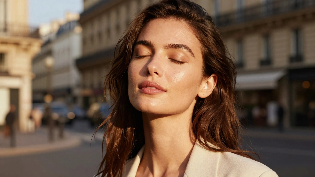 Portrait d'une femme détendue avec une peau lumineuse en extérieur à Paris.