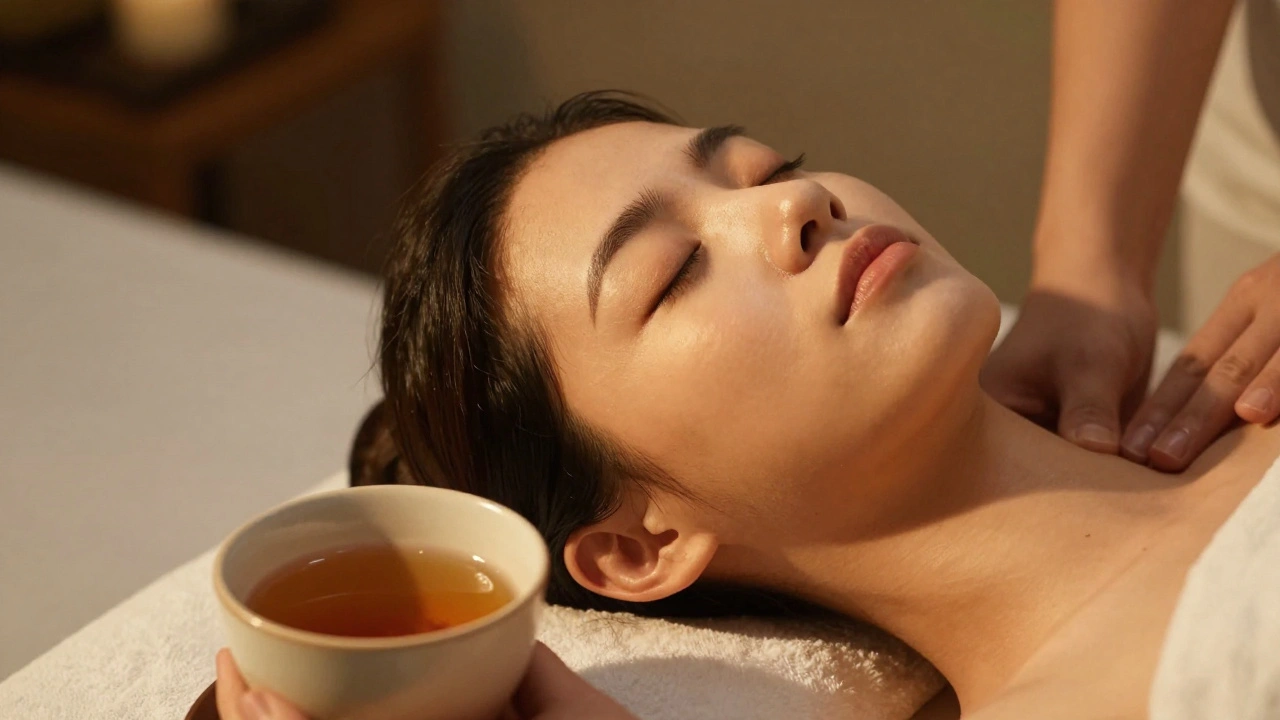 Portrait d'une personne détendue tenant une tasse de thé, ambiance spa.
