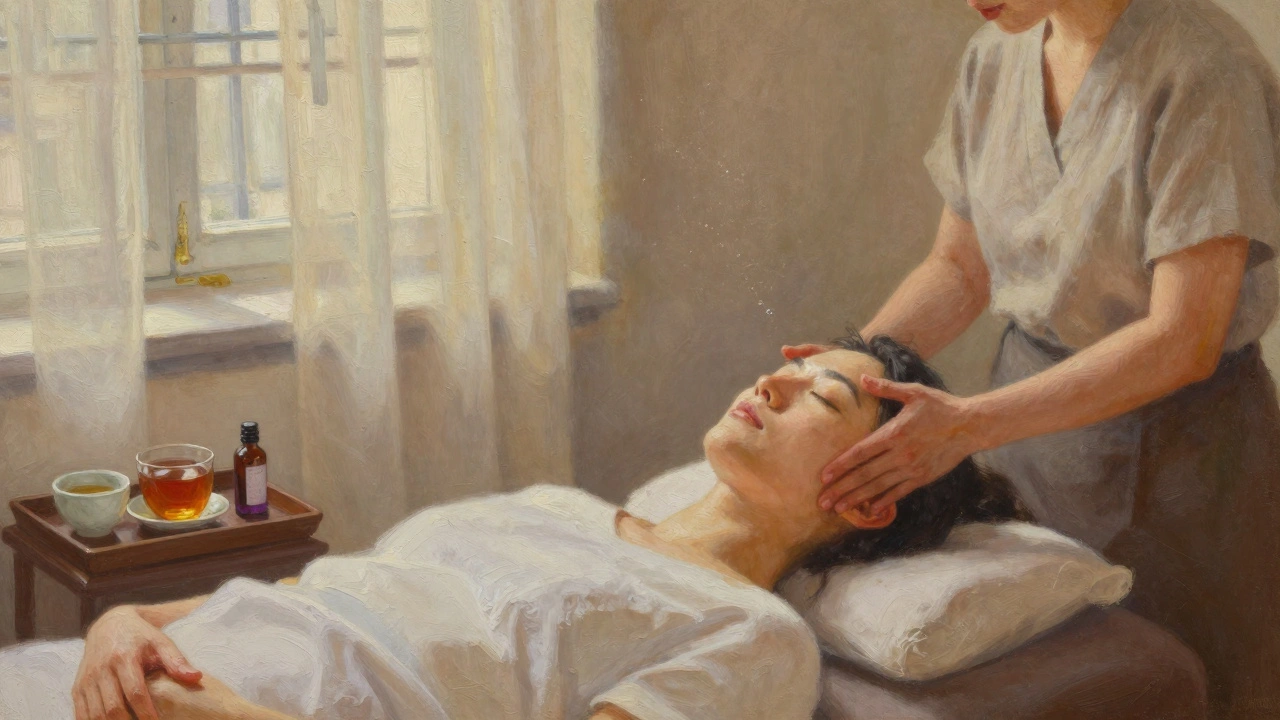 Praticien effectuant un massage crânien dans un petit studio discret, thé et huile de lavande sur un plateau.