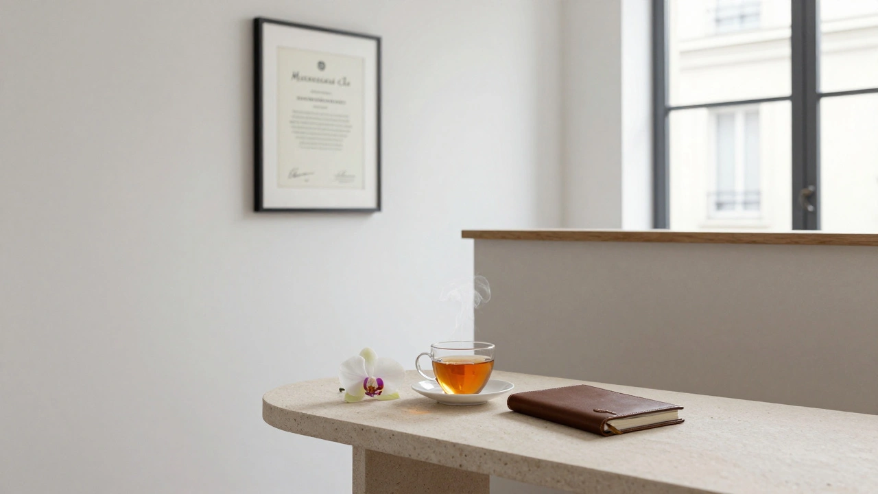 Réception élégante d'un spa haut de gamme dans le 16e arrondissement de Paris, avec thé et détails minimalistes.