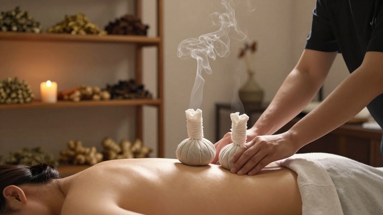 Sachets d'herbes chaudes posés sur le dos d'un client habillé, dans un salon parisien calme avec des étagères en bois et une bougie qui vacille.