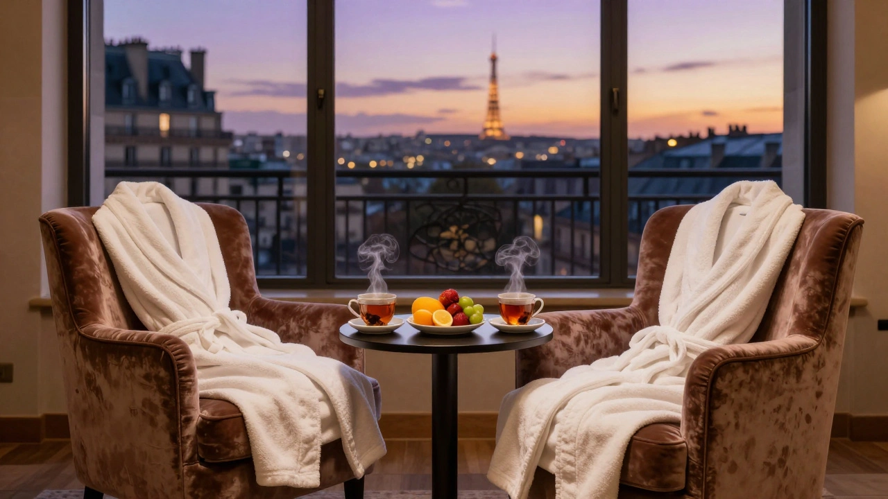 Salon de détente avec peignoirs blancs et vue sur la ville au crépuscule.