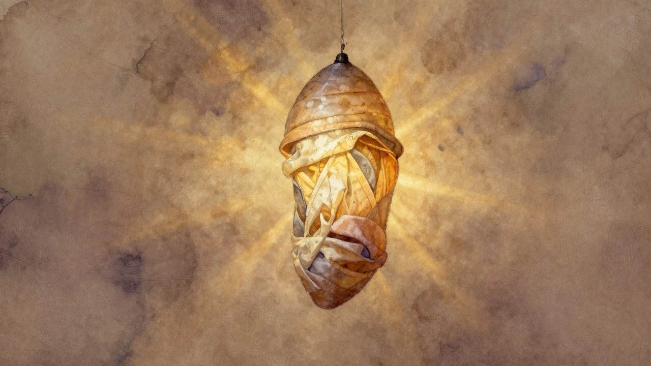 Silhouette humaine émergeant d'un vêtement comme d'une coque, baignée dans une lumière dorée, symbole de libération corporelle et émotionnelle.