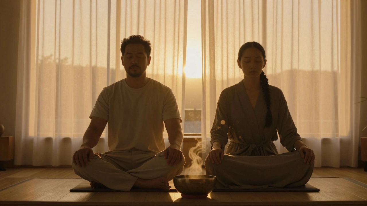 Un couple assis en silence, mains sur les genoux, baigné dans une lumière dorée de fin d'après-midi.