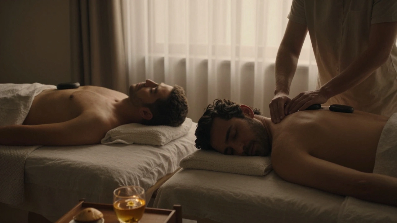 Un couple en massage simultané dans une chambre, lumières tamisées, draps blancs, moment de calme et connexion intime sans mots.