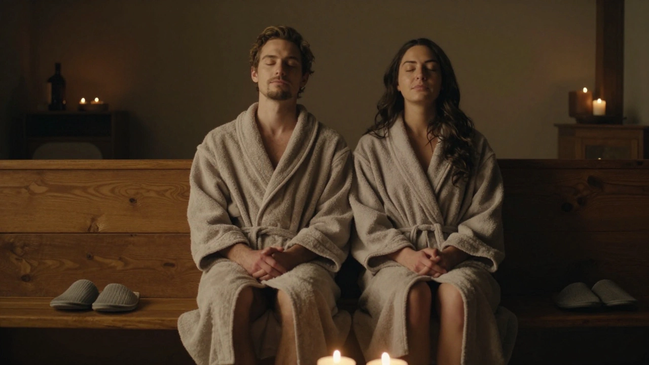 Un couple en peignoirs assis calmement, yeux fermés, rayonnant un sentiment de tranquillité.