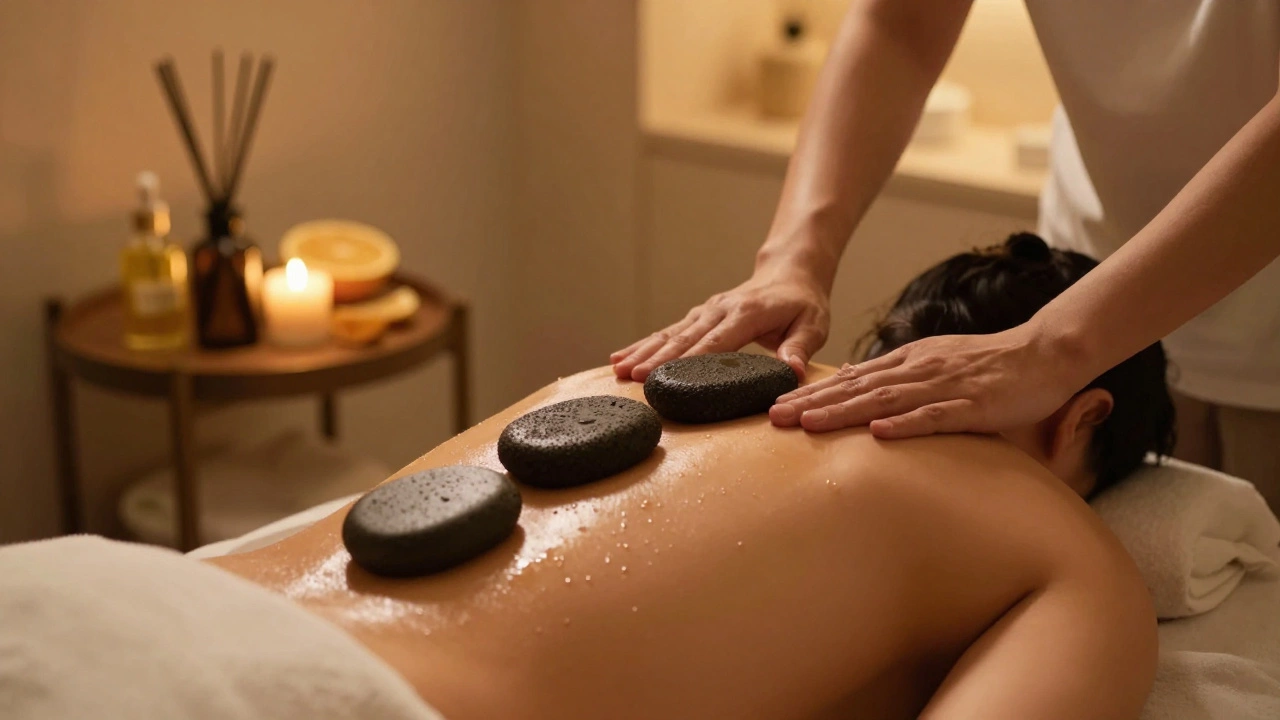 Un massage à l’huile chaude avec des pierres volcaniques glissant sur le dos d’un client, dans un salon luxueux de Paris 16.