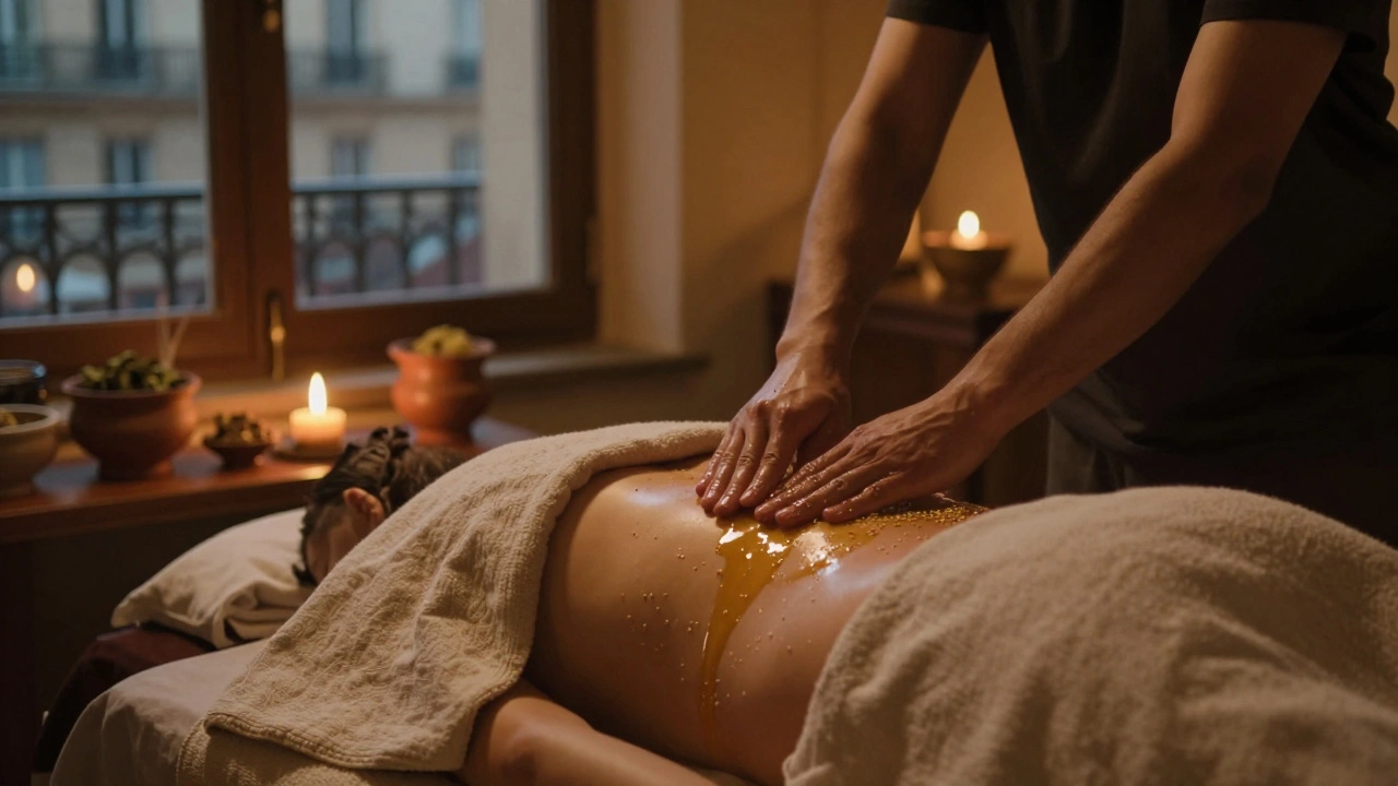 Un massage ayurvédique à Paris, une femme allongée recouverte d’un drap, un praticien applique des huiles chaudes en mouvements circulaires, lampe à huile et herbes visibles.