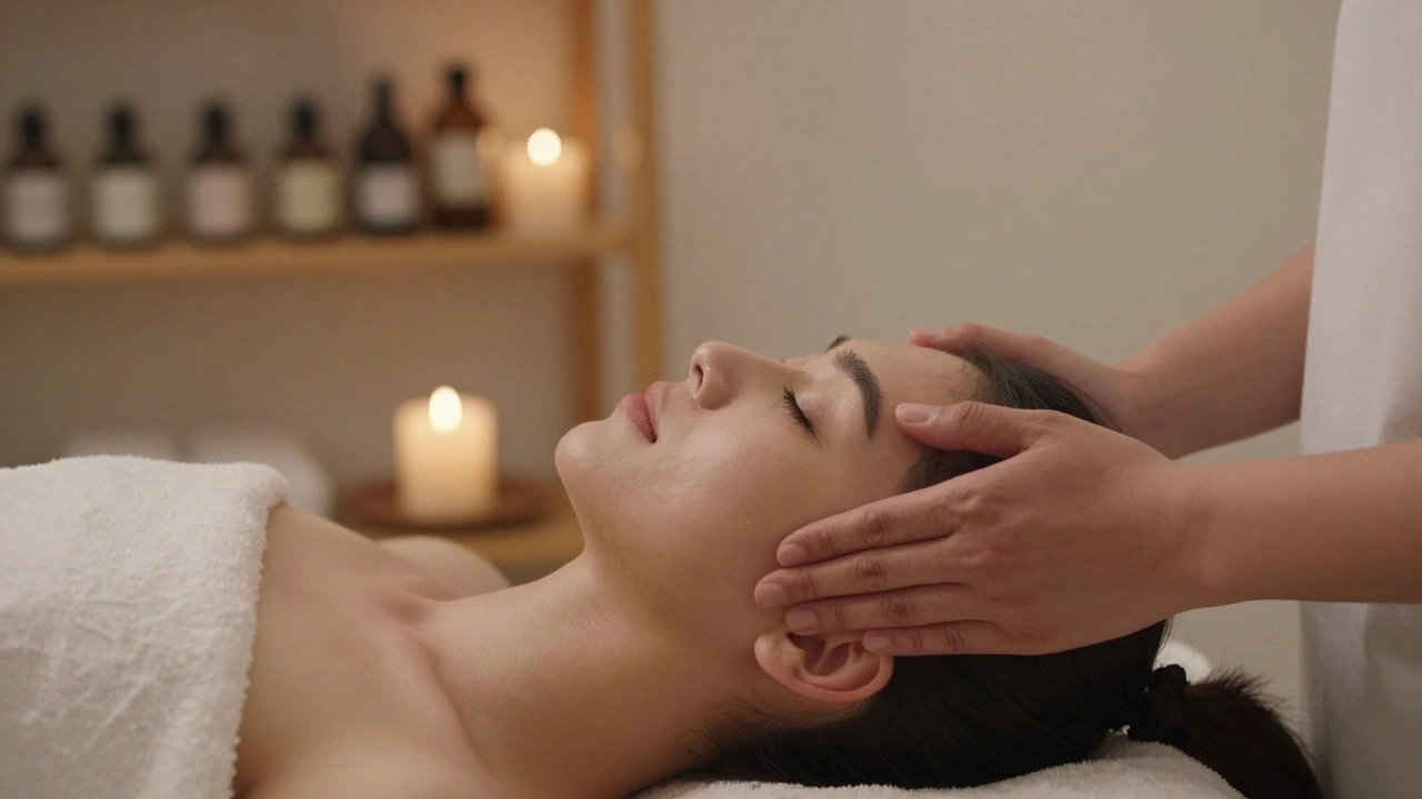 Un massage crânien en cours, avec des mains douces sur les tempes d'une personne détendue, dans un intérieur paisible.