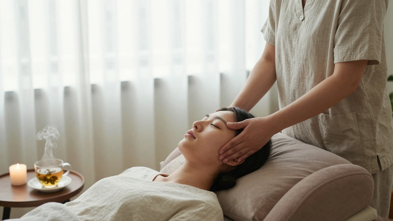 Un massage crânien réalisé dans un cadre intime à Passy, avec le praticien touchant doucement le cuir chevelu d’un client détendu.