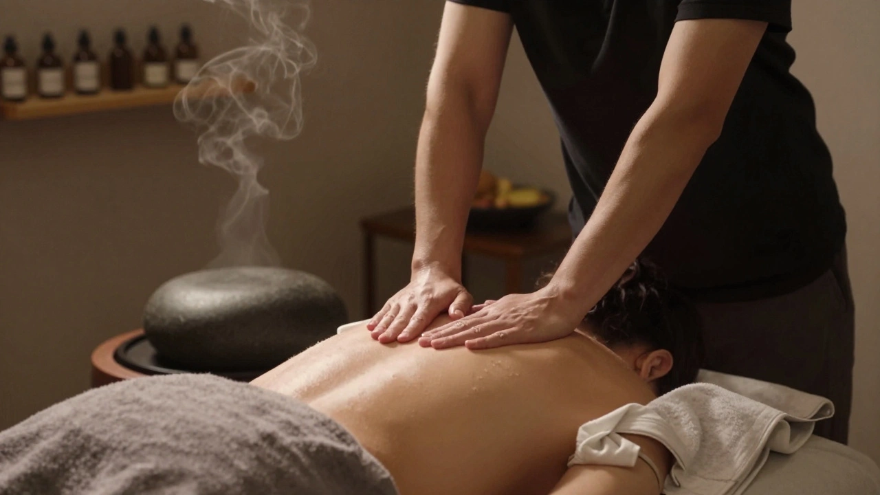 Un masseur exerce un massage suédois avec des gestes fluides, dans une ambiance chaleureuse et sereine.