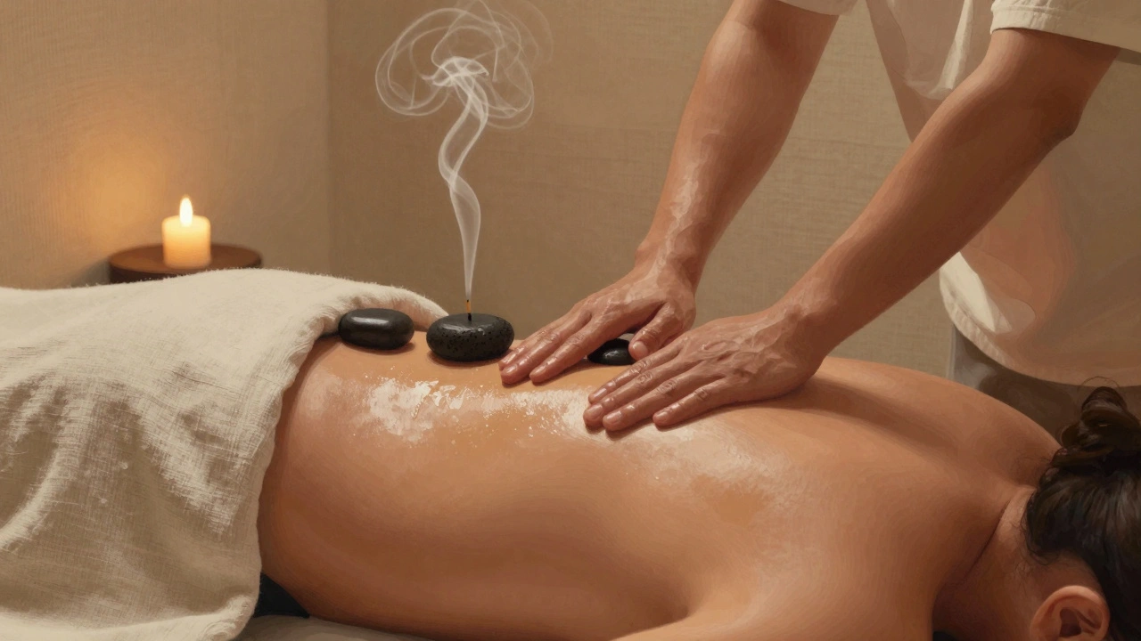 Un masseur travaille doucement sur le dos d'une personne recouverte d'une serviette, dans une ambiance calme et chaleureuse.