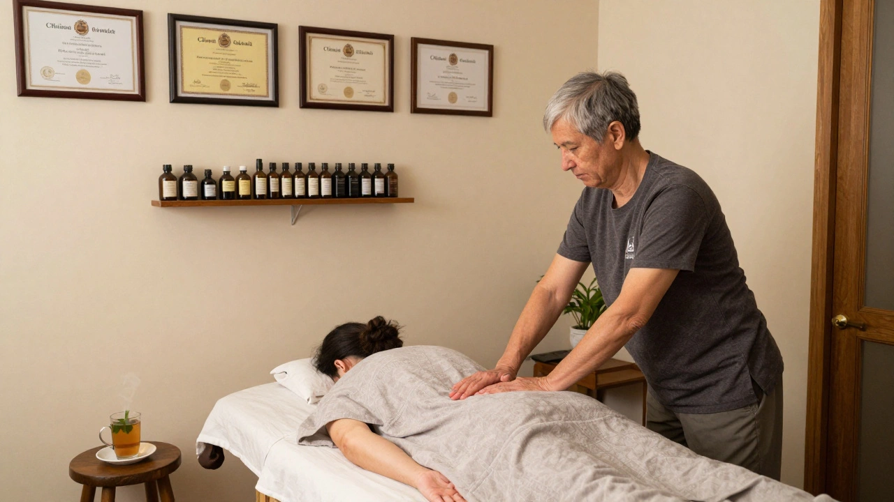 Un salon authentique à Belleville, avec des certifications affichées et un praticien expérimenté offrant un massage Tuina dans un cadre sobre et professionnel.