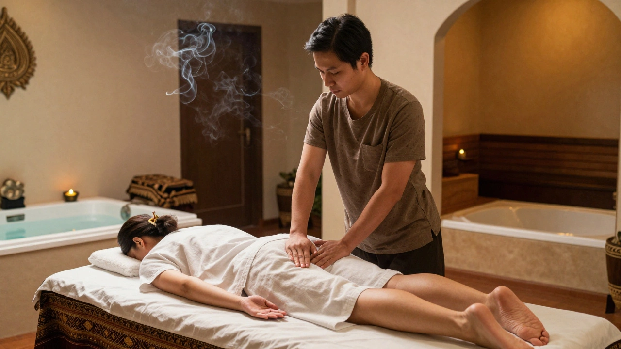 Un thérapeute pratiquant un massage thaï en pleine séance d'étirement guidé, dans un spa aux teintes dorées.