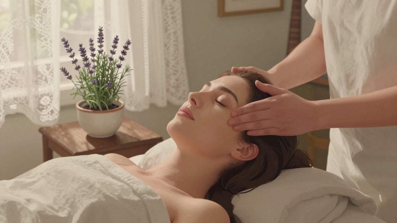 Une femme en détente pendant un massage crânien, la main d'une masseuse sur son front, avec des plantes d'encens et une lumière douce.