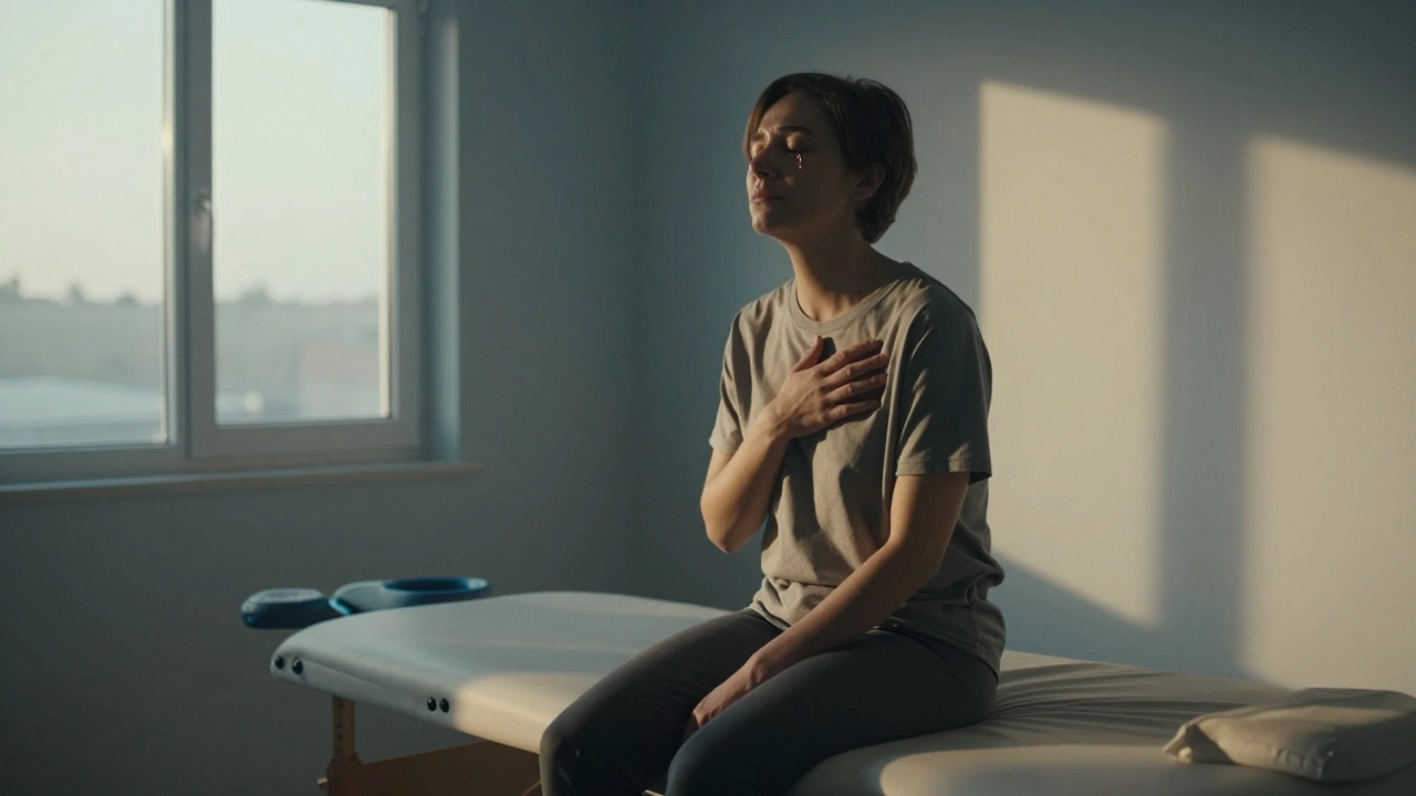 Une personne après une séance de massage, les yeux fermés, une larme sur la joue, assise au bord de la table dans une lumière douce.