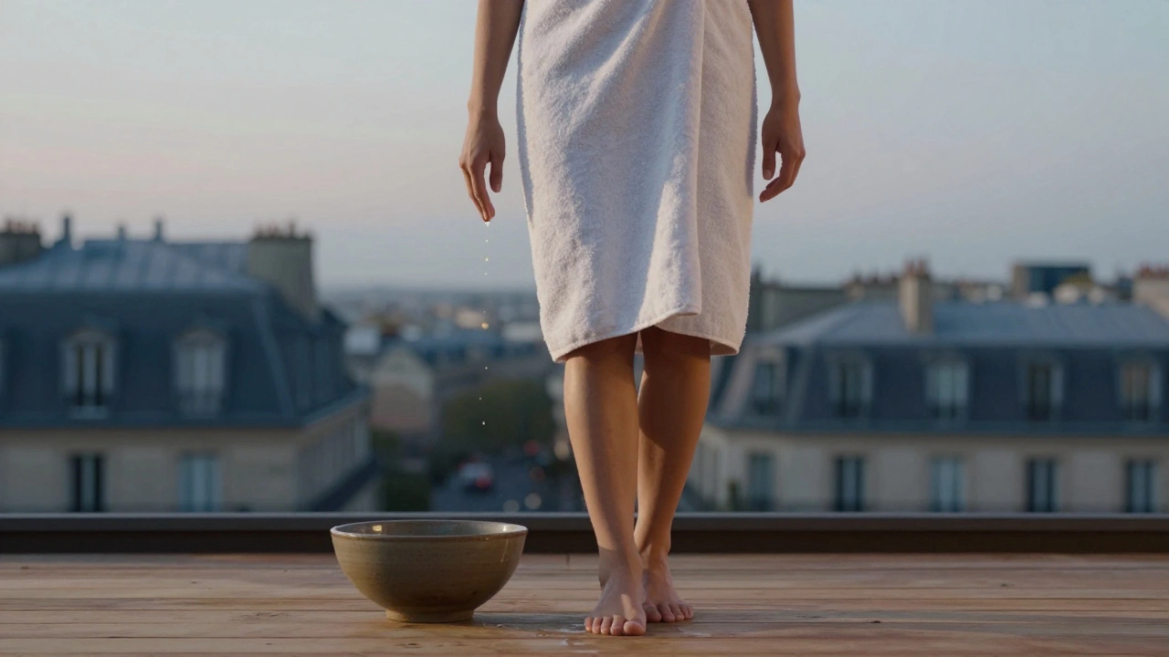 Une personne sortant d'un massage, les yeux fermés, enveloppée dans une serviette, une goutte d'huile tombe doucement.