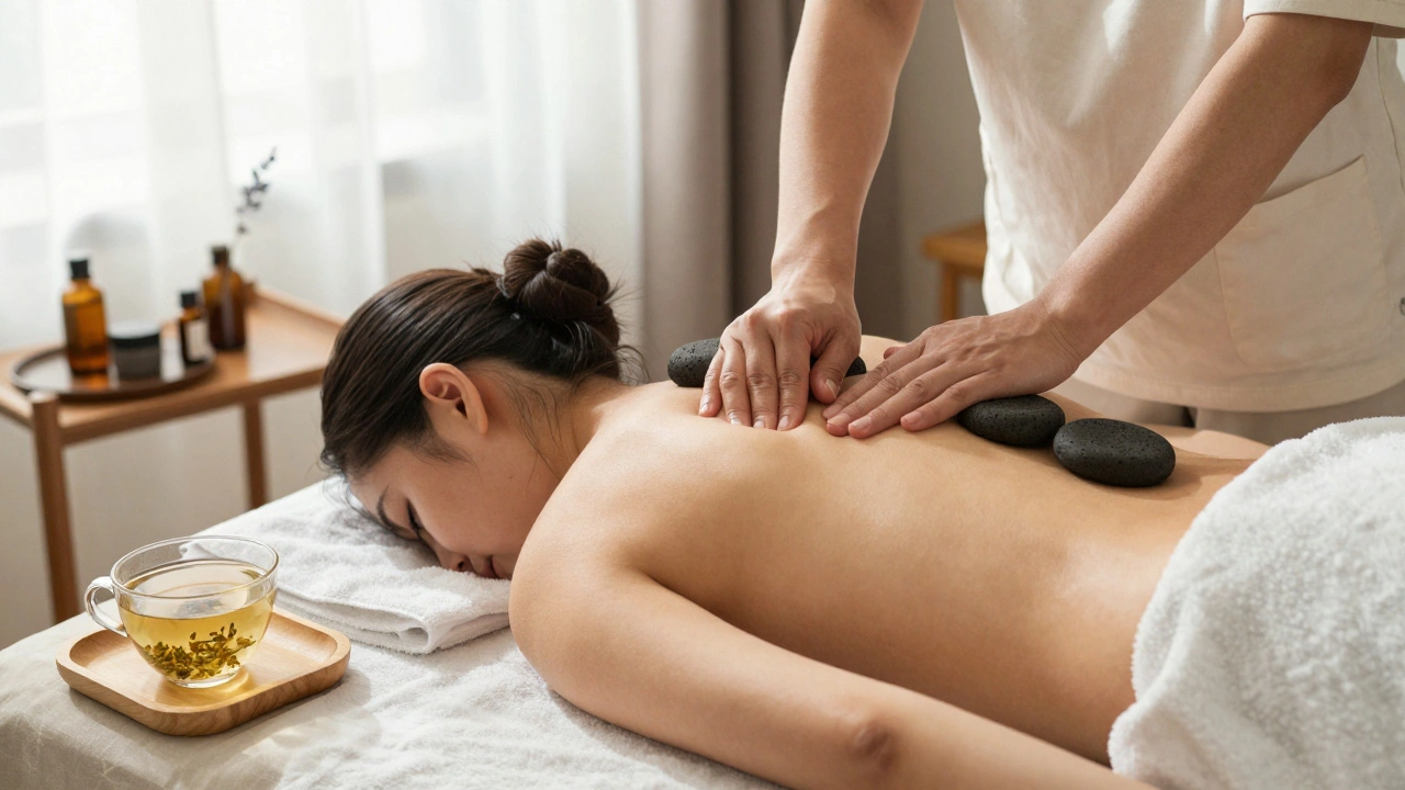 Une séance de massage hybride combinant suédois et pierres chaudes, avec des huiles bio françaises et une lampe en céramique japonaise.