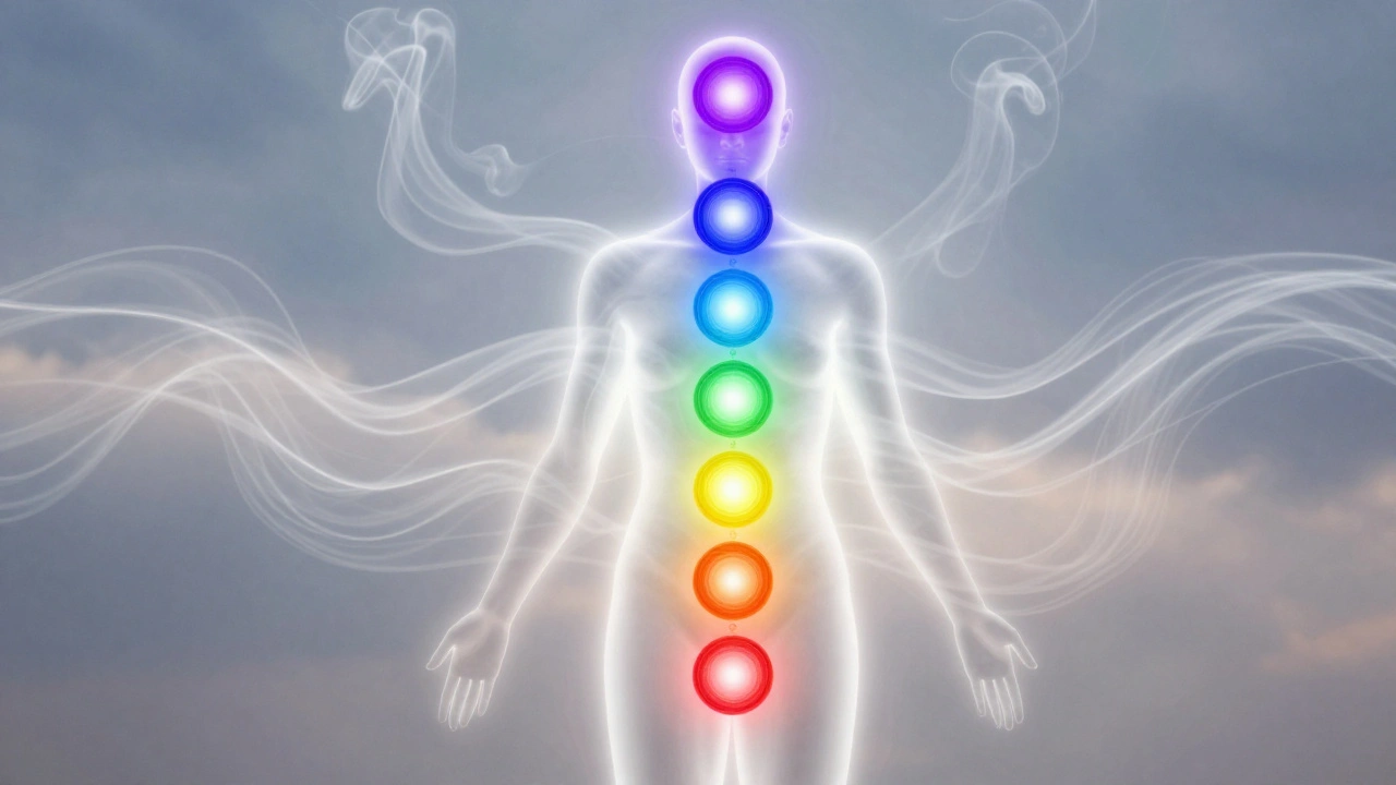 Une silhouette humaine aux chakras lumineux, entourée de vagues d'énergie douce et de fils de lumière.